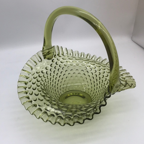 Vintage Fenton Green Glass Hobnail Basket - Picture 2 of 5